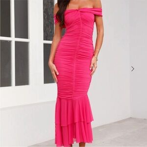 Hello Molly Off the Shoulder Ruched Hot Pink Maxi Dress